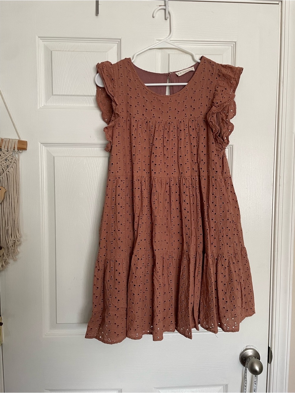 By Together 100% Cotton Brown Eyelet Hearts Ruffle Tiered Dress size Small